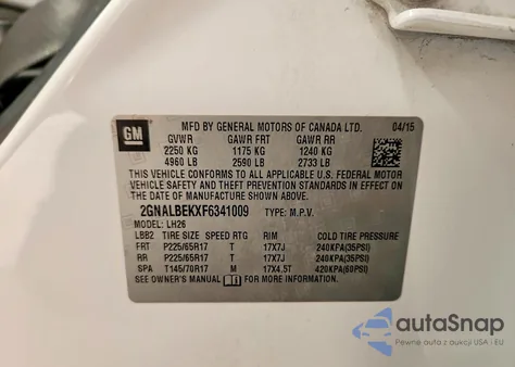 2015 Chevrolet Equinox Lt z USA, uszkodzony, nr VIN 2GNALBEKXF6341009